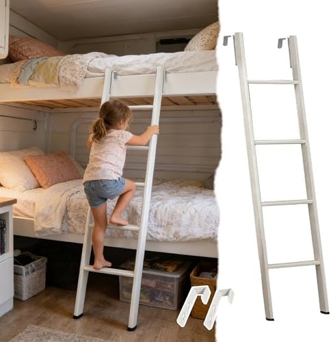 Échelles de Lit Échelle Lit Superposé Double Enfant/Adulte Dans Camping-car - Échelle D'accès Intérieure Blanche Mezzanine Pieds Antidérapants Crochet, Marchepied Métallique(145cm/57)