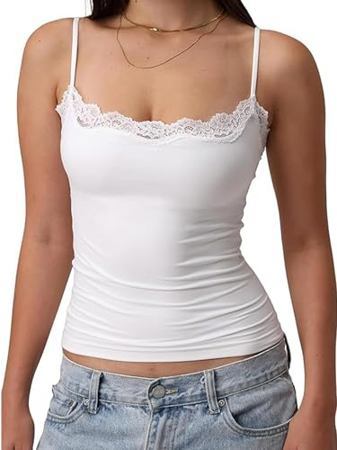 YOUDTIAN Women's Sexy Square Neck Lace Cami Tank Tops Y2k Sleeveless Spaghetti Strap Slim Fit Camisole Aesthetic Basic Tops Shirt Streetwear