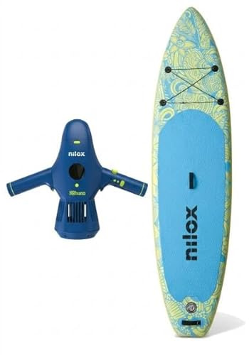 Nilox Set Tavola da Sup Gonfiabile con Scooter Acquatico Elettrico, Completo di Accessori con Zaino, Pagaia, Pompa, Leash, 1 Pinna, Velocità Fino a 5km/h, Tavola da 335x84x15cm