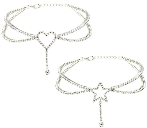 RARITYLL 2Pcs Double-Layer Heart & Star Anklet Set, Silver Rhinestone Chain | Waterproof Anklet, Teardrop Pendant Gift, Heart & Star Design, Rhinestone-Encrusted with Teardrop Pendant, Adjustable length