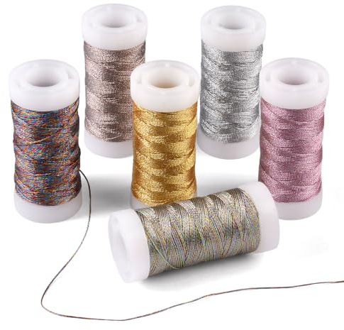 6 rullar metallic snöre 0,4 mm x 50 m guldtråd silvertråd sidentrådar | Guldsnöre för pyssel, glittergarn tunt metalliskt snöre, vaxgarn, glitter för gör-det-själv-hantverk, smycken, göra halsband