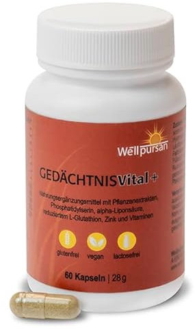 Wellpursan Gedächtnis vital+ 60 Kapseln, enthält Ashwagandha, Vitamin B12 und B6, Nahrungsergänzungsmittel zur Unterstützung von geistiger und körperlicher Leistungsfähigkeit, 100% vegan