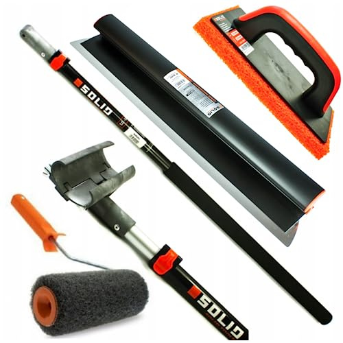 PROFI SET - Flächenspachtel edelstahl mit aluminium teleskopstange und stielaufnahme für spachtel - Reibebrett Kunststoff mit Schwammgummi und Rollspachtel - MADE IN EU