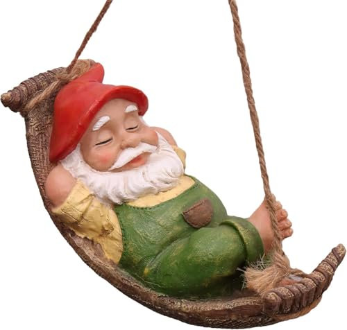 TERESA'S COLLECTIONS Cute Garden Gnomes Decorations for Yard Hanging Statues Outdoor Gifts, Sleepy Gnome in Swing Leaf Hammock Resin Tree Ornaments Figurines for Stump Branch Lawn Patio Decor, 7.4