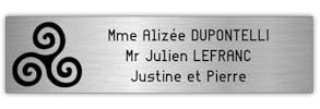 DECOHO - Plaque Boite aux Lettres personnalisée - Plastique Argent Lettres Noires - 100x25 mm adhésive 3 Lignes avec Triskell Br - Argent