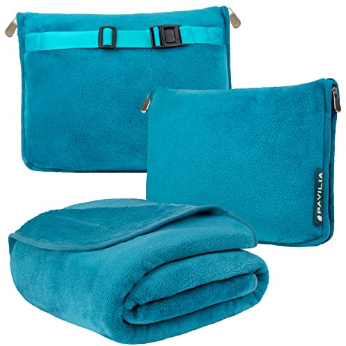 PAVILIA Coperta da viaggio, morbida coperta da aereo, set combinato 2 in 1, coperta per aereo, compatta, pieghevole, cuscino essenziale per il volo, accessorio regalo per viaggiatori, accessori per