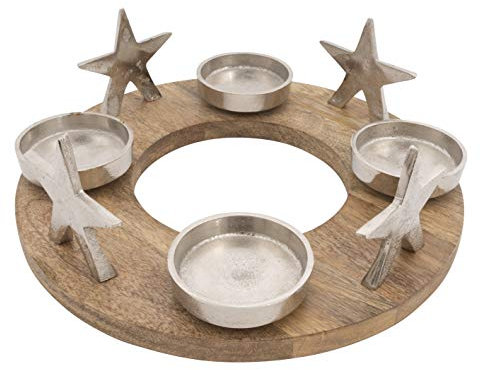Adventskranz Kerzenhalter Aluminium Holz Silber Metall Durchmesser 30 cm Weihnachten Natur