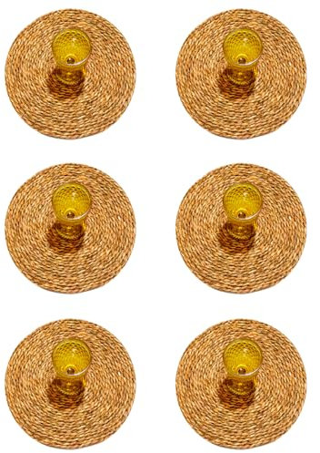 Solycarpa Pack 6 Salvamanteles Mimbre + 6 Copas Amarillas a Elegir de Cristal. Modelo Transparente Personalizado para Fiesta, Boda o Bautizo Original y Resistente.