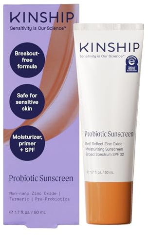 Kinship Self Reflect Probiotic Moisturizing Facial Sunscreen - Zinc Oxide SPF 32 Sheer Mineral Sunscreen - Reef Safe SPF Moisturizer for Glowing Skin, Cruelty Free (1.75 Oz)