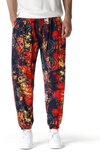 MakingDa Herren-Jogginghose aus Baumwolle mit elastischem Bund, Paisley bedruckter, Hippie-Stil Weite Beinhose, Lockere Passform, bequem für Strand, Spazierengehen, Laufen und Joggen-5-XL-X