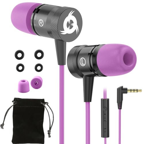 KLIM Fusion - Auriculares con micrófono para móvil + Garantía 5 años + Innovadora Espuma de Memoria + Jack 3,5 mm + Compatibles con Smartphone, Tablet, Consola, PC - Nueva Versión - Morado