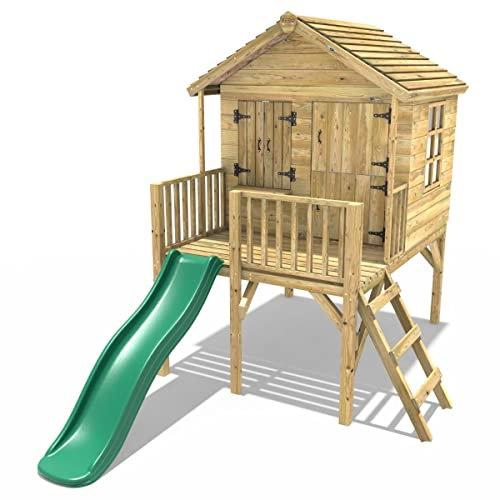 Rebo® 5FT x 5FT Childrens Wooden Garden Playhouse on Deck with 6ft Slide - Nightingale Green | OutdoorToys | Kids' Outdoor Wooden Garden Wendy House, Children's Play Shed, Weather Resistant