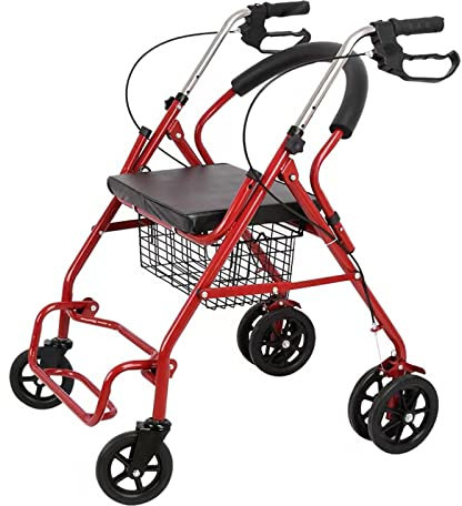 LOERSS Upright Walker, Rollator Walker mit Sitz, Stand Up Folding Rollator Walker, Steel Rolling Walker, mit Armlehne, gepolstertem Sitz, Rückenlehne und Einkaufstasche,Red