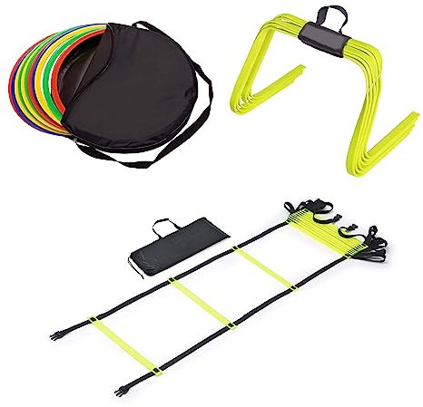 RHINOS sports Agility Trainings-Set | Koordinationsleiter 4m inkl. Tasche + 12er Koordinationsringe inkl. Tasche + Elastisches Hürden 6er-Set 30 cm mit Halter