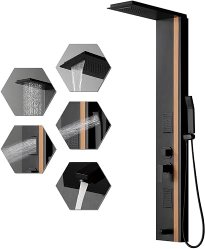 BWE Shower Tower Bathroom Shower Panel System Stainless Steel Multi-Function Shower Panel with Rainfall Waterfall Shower Head Massage Jets Tub Spout, Black