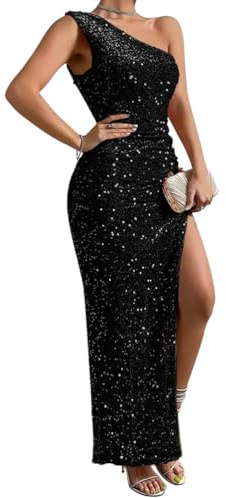 shownicer Robe de Soirée Cocktail Femme Élégante Col V à Paillettes Robe Longue Robe Fendues à Sequins Mode Maxi Dress A Noir L