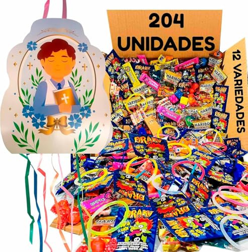 Deliex - Piñata para comunión con chuches de relleno incluido - 204 chuches para fiestas y comuniones ifantiles para niños. (Comunión niño 204 relleno)