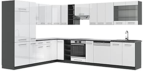Vicco Eckküche Fame-Line, Weiß Hochglanz/Anthrazit, 347 x 60 cm, AP Anthrazit, für Flexible Küchenplanung und modulare Erweiterung
