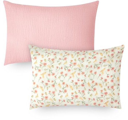 Winmany Toddler Cotton Muslin Pillowcases - Baby Girl Boy Pillow Case Travel Cushion Covers with Envelope Design - Cot Bed Accessories - Fit for 13x18, 14 x 19, 12x16 - Light Pink+Flower