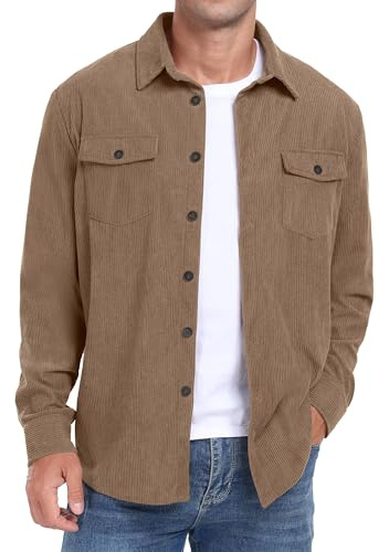 QIXING Chemises boutonnées en velours côtelé à manches longues pour homme Shacket Veste de camionneur Manteaux d'automne hiver avec poches à rabat, marron clair, L