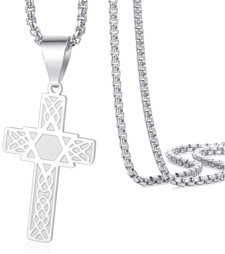 VASSAGO Collana con Ciondolo a Croce con Stella di David da Uomo Ciondolo con Croce a Croce con esagono Religioso ebraico Cristiano Protezione Gioielli Regali (Collana Croce d'Argento-Catenina)