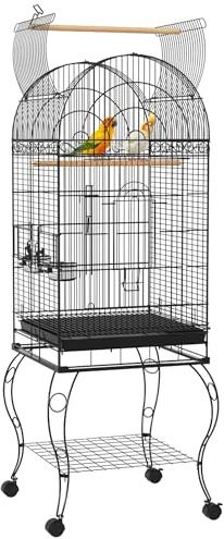 PawHut Cage à oiseaux avec roues avec plateau amovible et grille 2 bols en acier inoxydable étagère et cintre pour perruches, 51 x 51 x 153 cm, noir