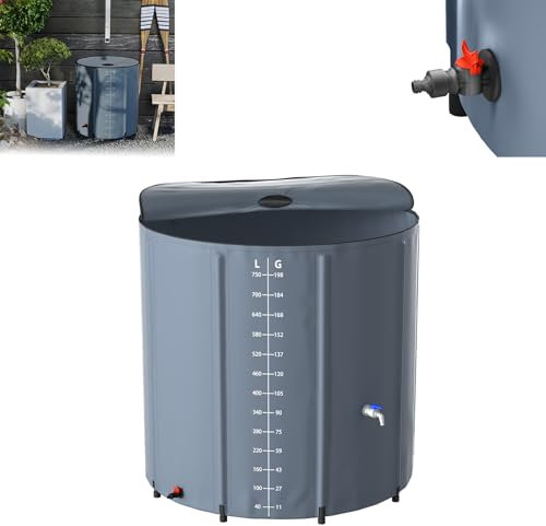 Froadp 750L Regentonnen Faltbare Regenwassertonne mit Deckel & Skala, Matte Plane, Wasserspeicher Wassertank für Gartenbewässerung, Eisbaden Tonne, Regenwasserfass inkl. Ablassventil(Grau)