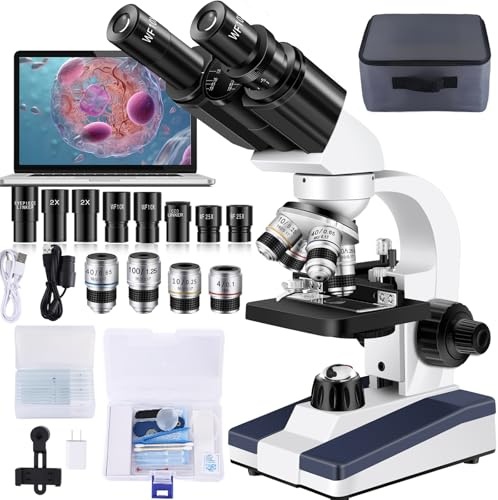 Woehrsh Microscope for Adults WF10x and WF25x Eyepieces, 40X-2500X Magnification, with HD USB Camera, Binocular Microscope for Lab Schools