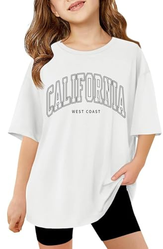 Tenue de Sport Fille,T-Shirts à Manches Courtes pour Enfants et Filles, Hauts d'été surdimensionnés, t-Shirts Basiques à col Rond décontractés Vêtements Grossesse Été (White, 5-6 Years)