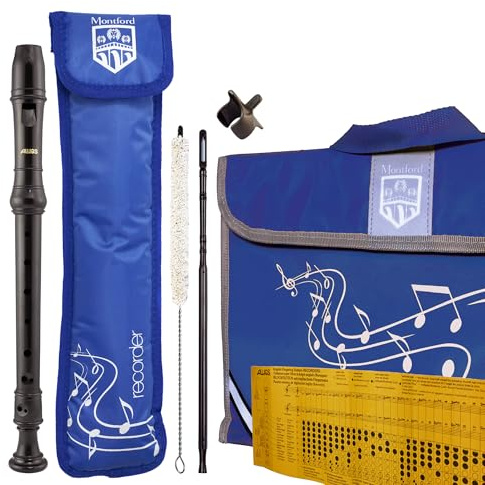 Aulos 303N Elite Descant Recorder School Starter Pack – Includes Recorder, Cleaning Mop, Deep Cleaning Rod, Padded Carry Case & Sheet Music Bag – Ideal for Primary School Beginners - Blue