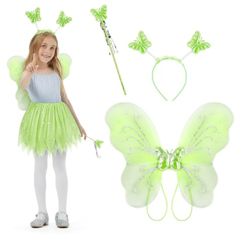Alaoo Ali di Fata, 3 pezzi Ali di Farfalla, Ali da Fata a Forma di Farfalla per Bambini, Include Copricapo e Bacchetta Magica, Adatto per Halloween, Carnevale, Natale e Giochi di Ruolo(Verde)
