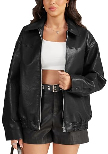 Fengbay Faux Leather Jacket Women Oversized Bomber Motorcycle Jackets Coat | Smooth PU Faux Leather;Loose Oversized Fit;Deep Side Storage Pockets;Y2K Biker Bomber Style For Daily Night Out