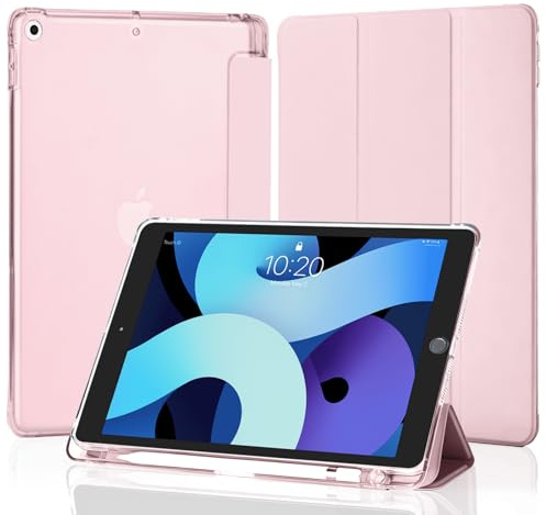 4UBonLife Fodral för iPad 9:e/8:e/7:e generationen 10,2 tum 2021/2020/2019 med pennfäste, tunt stående skyddande fodral med genomskinligt frostat hårt bakskal, rosa