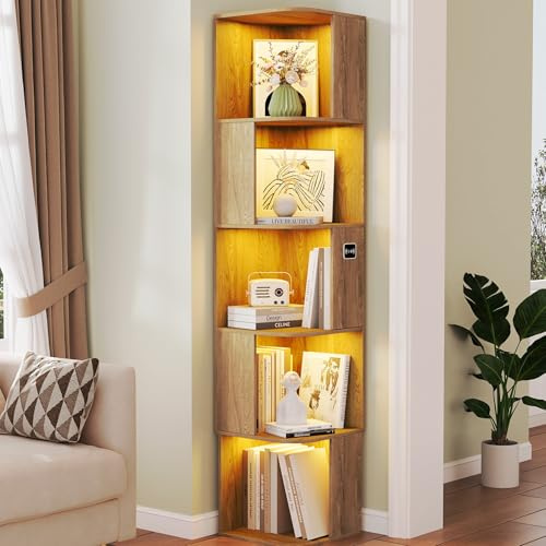 64.8  Corner Wood Bookcase with Body Sensor LED for Home Office,Natural | Corner Bookcase,3 Color Lights,body sensor,MDF,Asymmetrical structure, baseboard,4-tiers