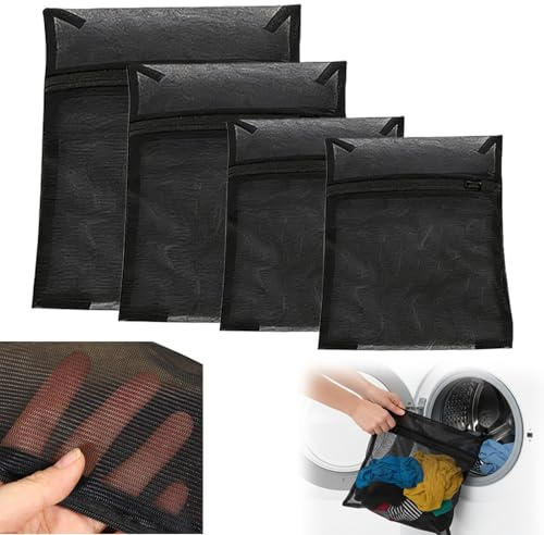 4 pezzi Sacchetto Rete Lavatrice per Delicati, sacco biancheria con cerniera protettiva per intimo reggiseno calzini abiti leggeri portabiancheria viaggio nero 30x40 40x50 50x60 cm