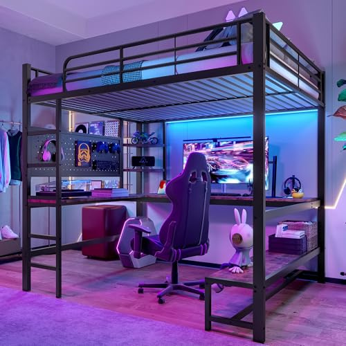 Lubvtti Cama alta de hierro de 140 x 200 cm con tira LED, escritorio, enchufe USB+tipo C, panel perforado, varios estantes, litera para niños, estructura de cama individual (B-negro 140)