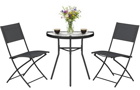 Outsunny Ensemble de Salon de Jardin Bistrot 3 Pièces Cadre Métallique Noir | Mobilier de Terrasse, Table Semi-circulaire, 2 Chaises Pliantes, Maille, Idéal pour Balcon, Patio, Jardin