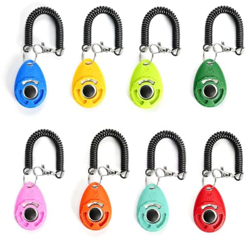 HENGBIRD Juego de 8 Clickers para Perros, Clicker Adiestramiento Perro con Correa EVA, Clicker Perro de ABS y Acero Inoxidable, Accesorio Adiestramiento Perro