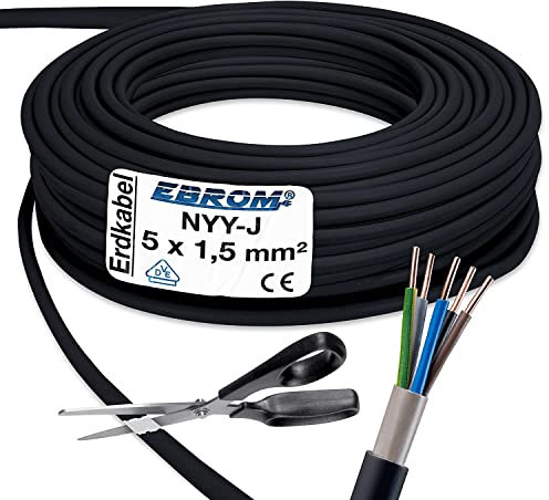 Corriente de alta intensidad – Cable (NYY-J 5 x 1,5 mm² – Plástico Subterráneo – 5 m/5 m/5 metros – Negro
