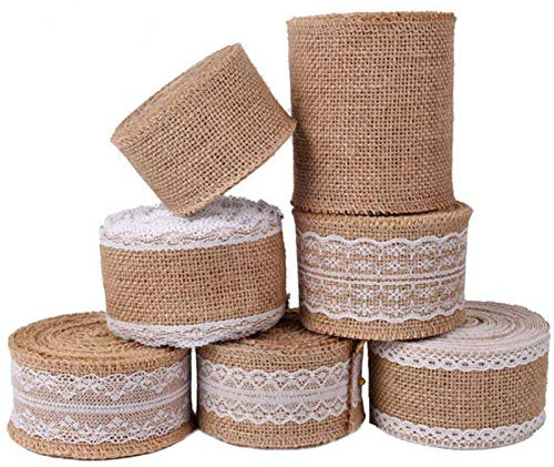 DAHI Juteband spitzenband 14 meter - 7 rolle Natürliche Sackleinen Band für DIY Handwerk Hochzeit Party Weihnachten Deko