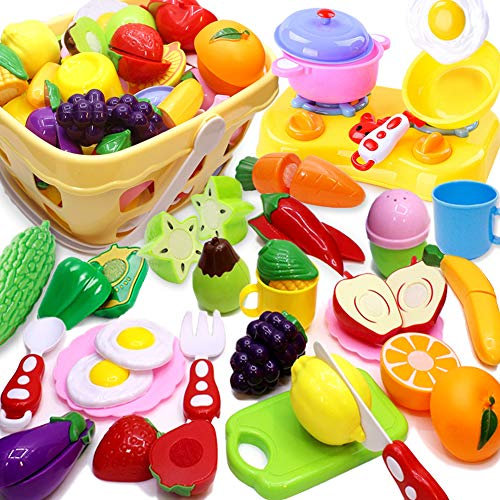 Airlab Kinderküche Spielküche Zubehör, 48 Stück Kinder Küchenzubehör Schneiden Obst Gemüse Lebensmittel, Küche Spielzeug Rollenspiel Lernspielzeug Geschenk