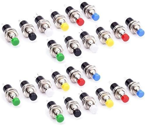 GTIWUNG 24 Stück SPST Mini Schalter, Momentane Druckschalter, 7 MM Montageloch 1A 250 V AC 2 Pins OFF/ON Gewinde SPST Momentary Rast Mini Druckschalter (6 colors)