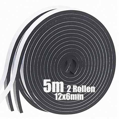 Self-Adhesive Foam Sealing Tape, Weatherproof Foam Rubber Tape for Doors and Windows, Door Sealing, Collision Protection, Sound Insulation, 12 mm x 6 mm (W x D), Pack of 2 Rolls (Total Length: 10 m)