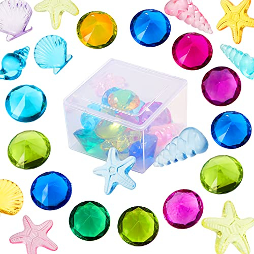 Skylety 24 Pcs Diving Gem Pool Toys Ocean Theme Colorful Diamonds Pirate Treasure Diving Gems with Clear Box Marine Animals Gem Acrylic Summer Underwater Gemstone Pool Party Favors(Retro Style)