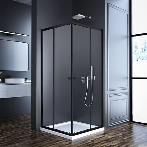 Eckeinstieg Duschkabine Schwarz 75x90cm Doppelschiebetür, 90x75cm Schiebetüren Duschabtrennung Duschwand aus 6mm ESG gehärtetes Glas, Dusche Duschtür Höhe 185cm