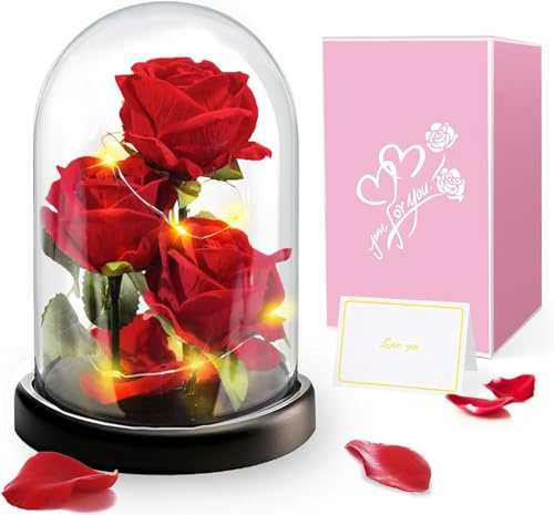 Regalo di San Valentino Per Mamma Nonna, Fiore Rosa Regalo per Lei -3 Rose Rosse di Seta con Luce a LED in Una Cupola di Vetro per la Festa Della Mamma, Compleanno, Anniversario,Fiore Rosa Regalo