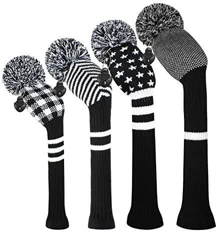 Scott Edward Knitted Golf Head Covers 4PCS Handmade Fit Well for Driver and Fairway Woods with Long Neck Pom Pom Golf Club Headcovers Set Colorful Multiple Colors