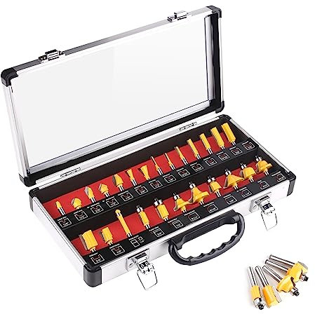 UTRUSTTO 25-teiliges Fräser Set mit 1/4 Zoll Schaft (6.35 mm Schaft) – Hochwertige Wolframcarbid-Fräser für Profis und Anfänger im Tischlerhandwerk