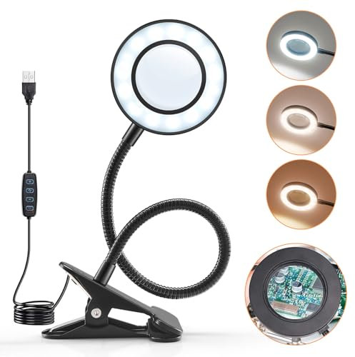 Lampada da Tavolo, 10X Lampada con Lente di Ingrandimento, 48LED, 3 Colori, 10 Luminosità, 360° Flessibile