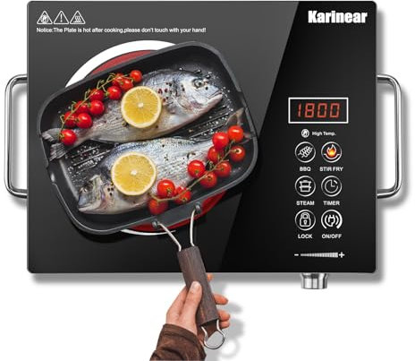 Karinear Keramik Kochfeld 1 Platte Tragbar mit Griff, 650 °C Max, Glaskeramik Kochplatte 1er Freistehend, Herdplatte 1 Kochfelder mit Stecker, Timer, Kindersicherung, Restwärmeanzeige, 220-240V, 2000W